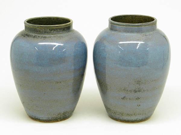 Appraisal: A pair of Chinese style blue glazed pottery jars early