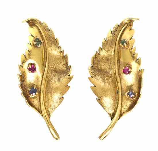 Appraisal: A Pair of Karat Yellow Gold Emerald Ruby and Sapphire