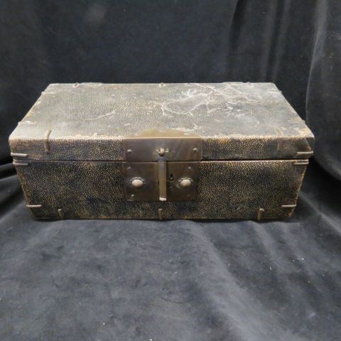 Appraisal: Early Oriental Eel Skin Covered Woodenstrong box bronze mounts lock