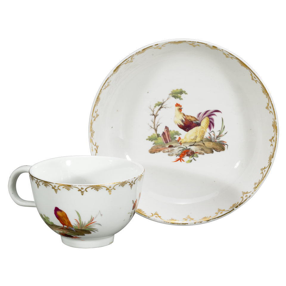 Appraisal: The Hague-Decorated Tournai Cup and Saucer c painted stork marks