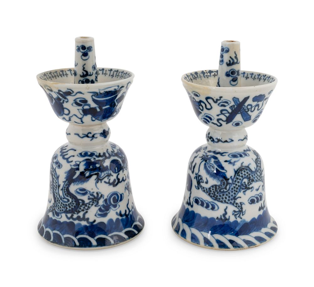 Appraisal: A Pair of Chinese Blue and White Porcelain Candle Holders