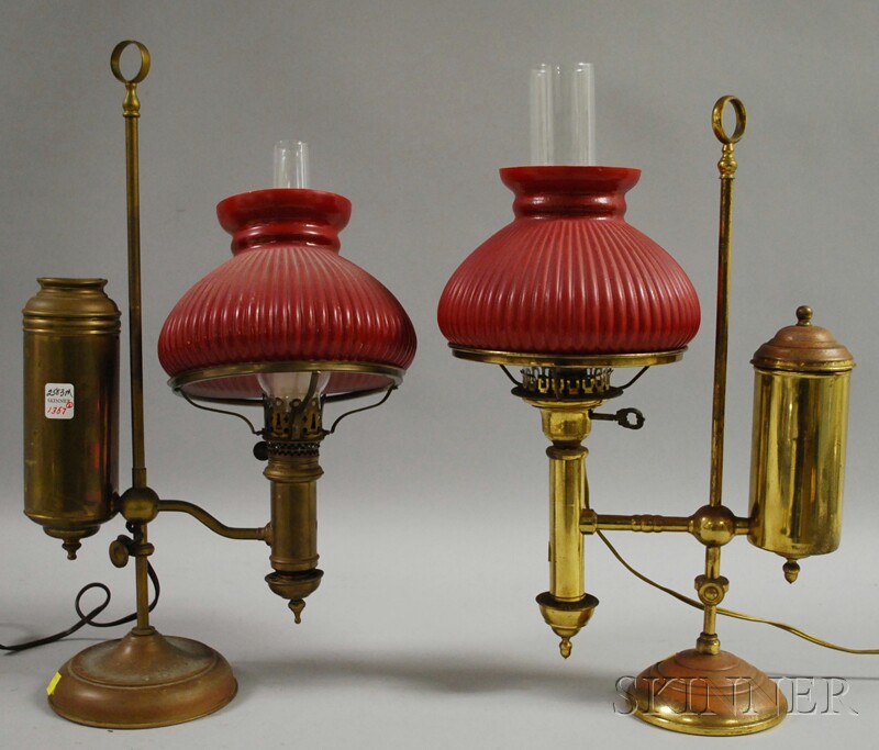 Appraisal: Two Brass Adjustable Student Lamps with a pair of red-painted