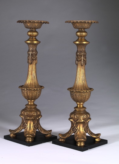 Appraisal: Monumental Pair of Attenuated Vasiform Italian Brass Pricket Candlesticks in