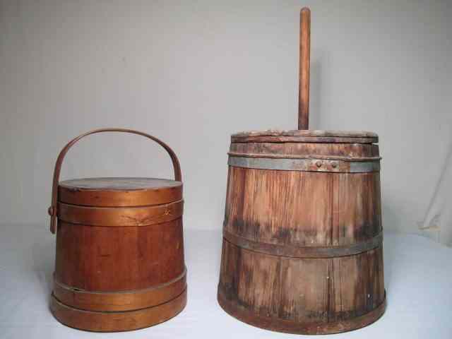 Appraisal: Antique wooden butter churn with iron mounts and a wooden