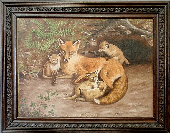 Appraisal: - Oil on board painting of a vixen with cubs