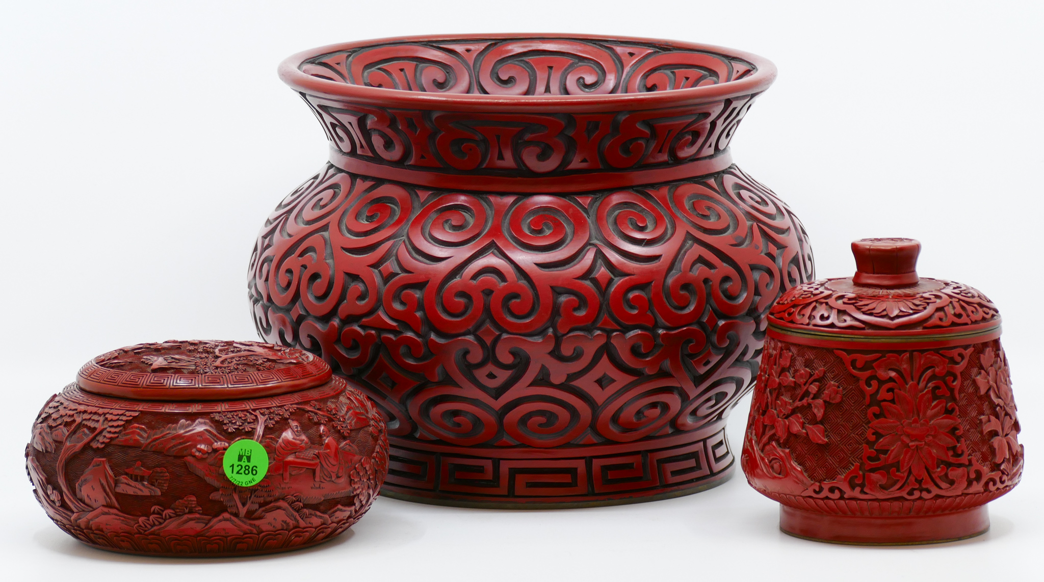 Appraisal: pc Chinese Cinnabar Covered Jars and Planter '' to ''