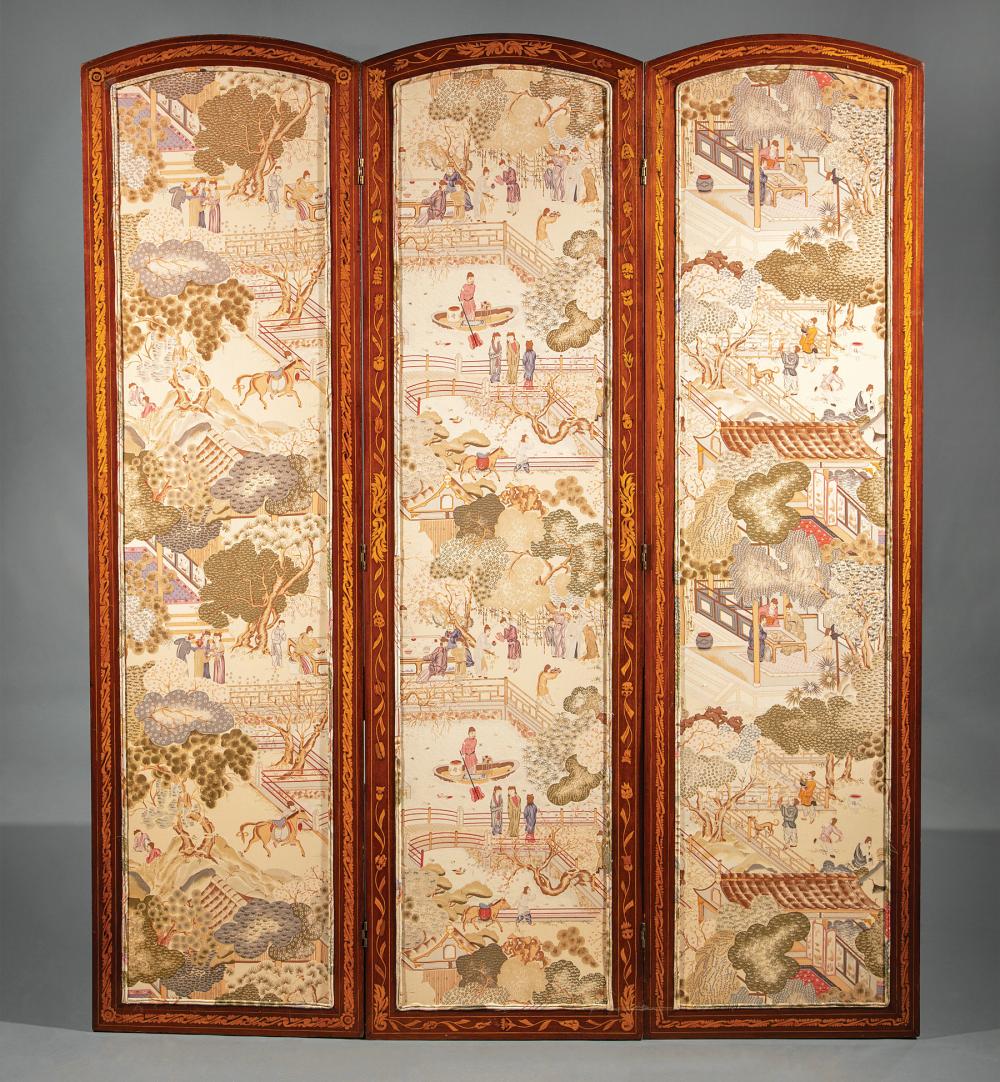 Appraisal: Continental Marquetry and Mahogany Three Panel Folding Screen inset Clarence