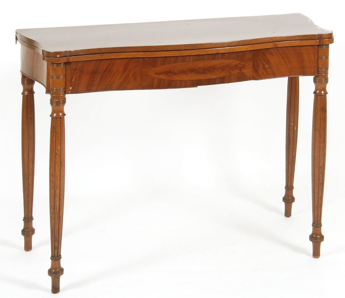 Appraisal: SHERATON SERPENTINE-FRONT CONSOLE CARD TABLE Early th CenturyWith oval fruitwood