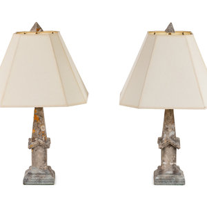 Appraisal: A Pair of Weathered Cast Stone Obelisks Mounted as Lamps