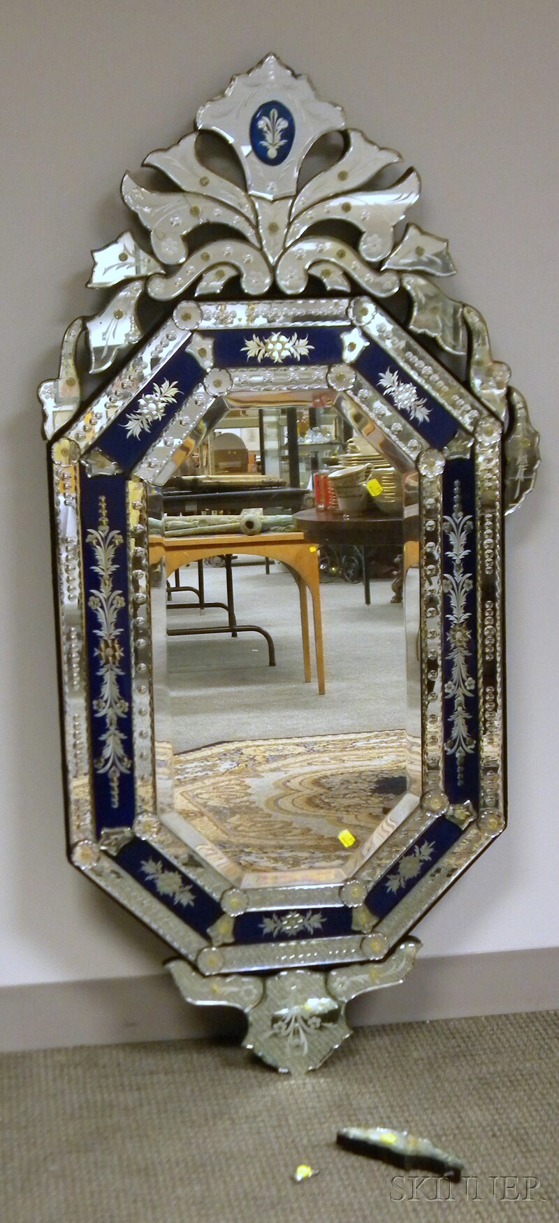 Appraisal: Venetian Etched Glass Mirror with cobalt border panels approx lg