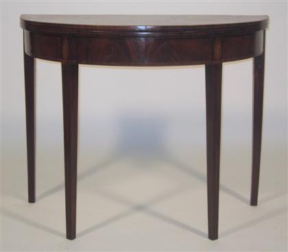 Appraisal: George III style mahogany and fruitwood inlaid demi-lune tea table