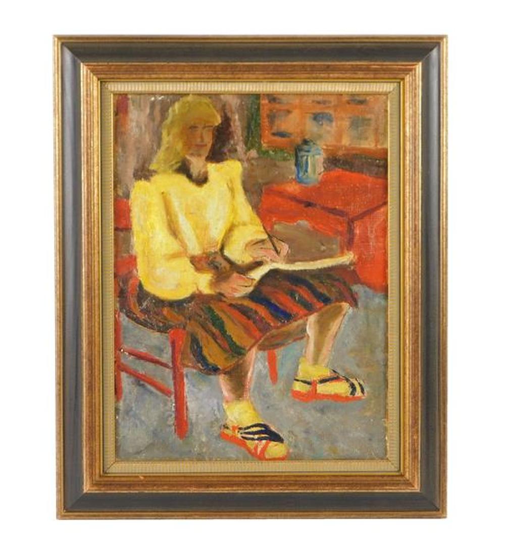 Appraisal: th C framed oil on canvas depicts seated woman in