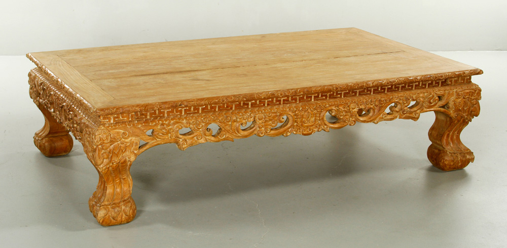 Appraisal: - Chinese Carved Table Table China heavily carved and pierced