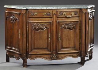 Appraisal: Louis XV Style Carved Walnut Bombe Marble Top Side Louis