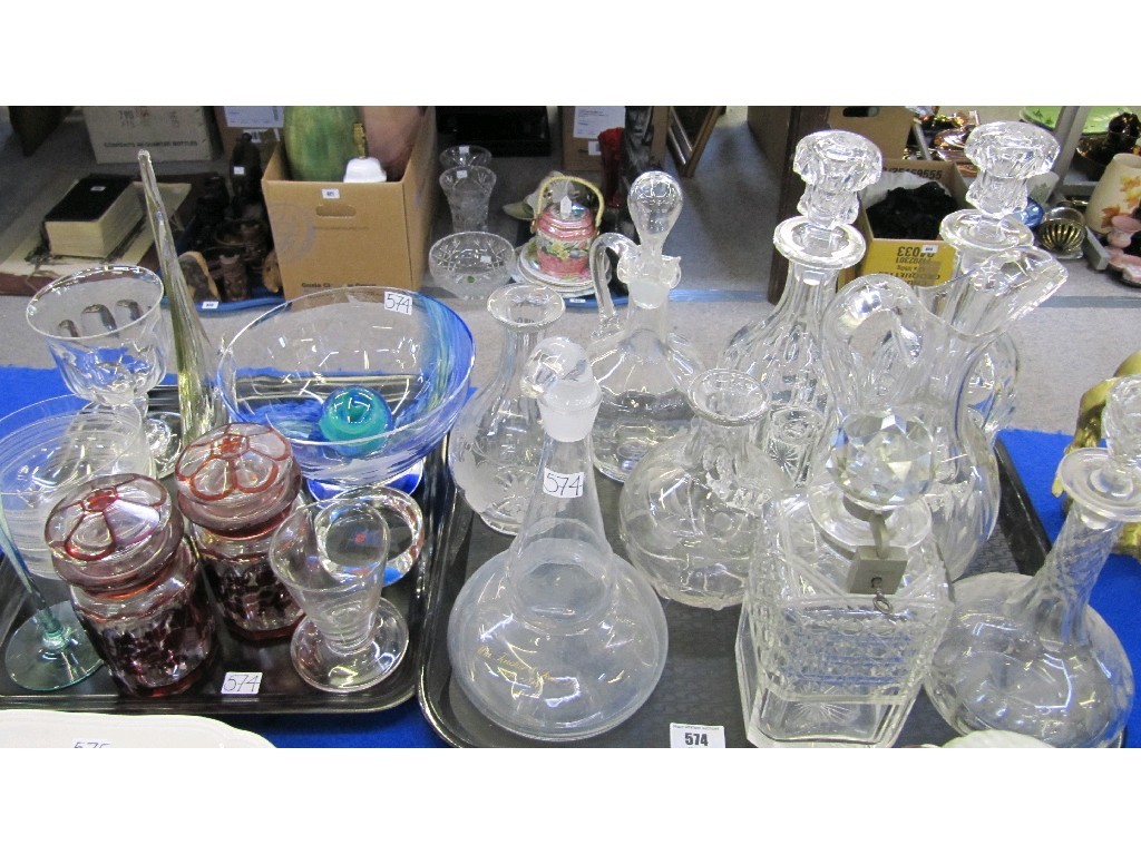 Appraisal: Lot comprising two trays of glassware - old decanters rinsing