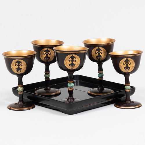 Appraisal: SET OF FIVE JAPANESE LACQUER WINE GLASSES AND A TRAYThe