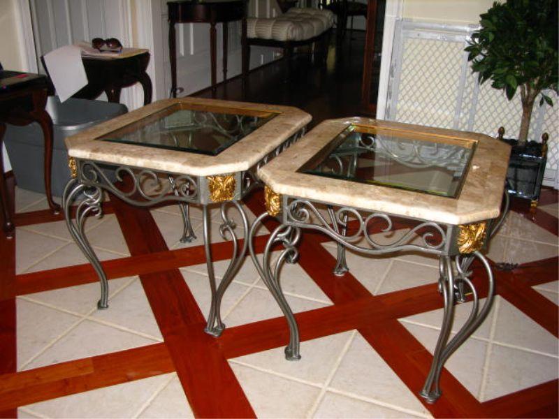 Appraisal: Set of Three Tables marble and beveled glass on scrolled