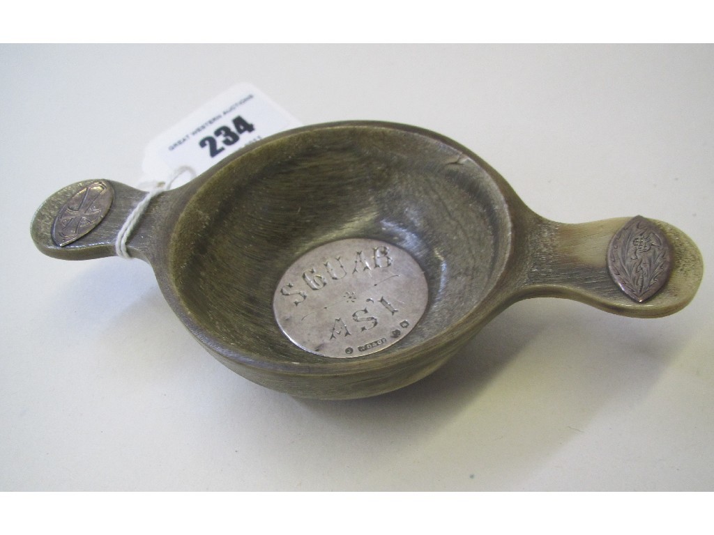 Appraisal: Silver mounted horn Quaich Edinburgh marks