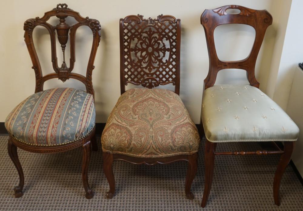 Appraisal: Three Continental Carved Fruitwood and Upholstered Seat Side Chairs