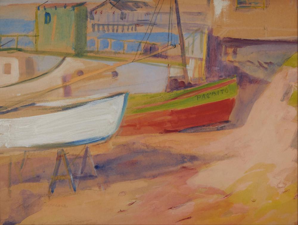 Appraisal: Mabel Wheelock - Wilmette IL Long Beach Fishboats Gouache and