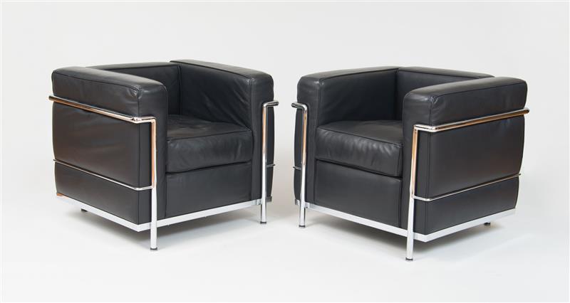 Appraisal: Pair of Armchairs Le Corbusier c Tubular chrome leather x