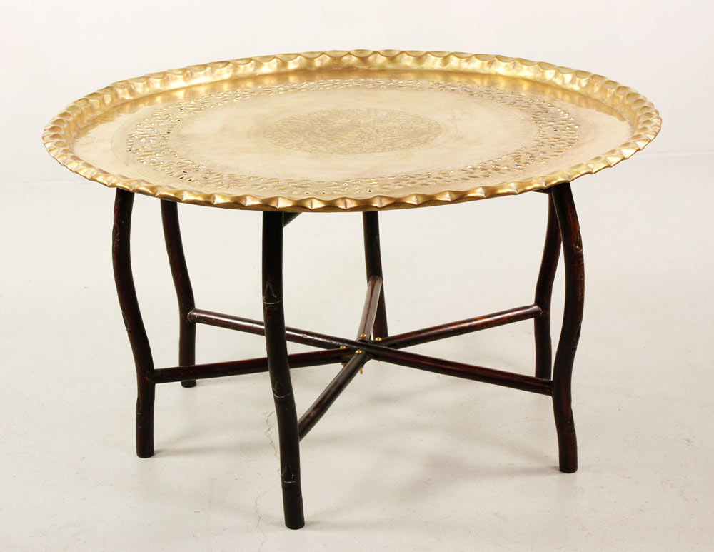 Appraisal: - Engraved Brass Top Table Indian hand-engraved table with brass