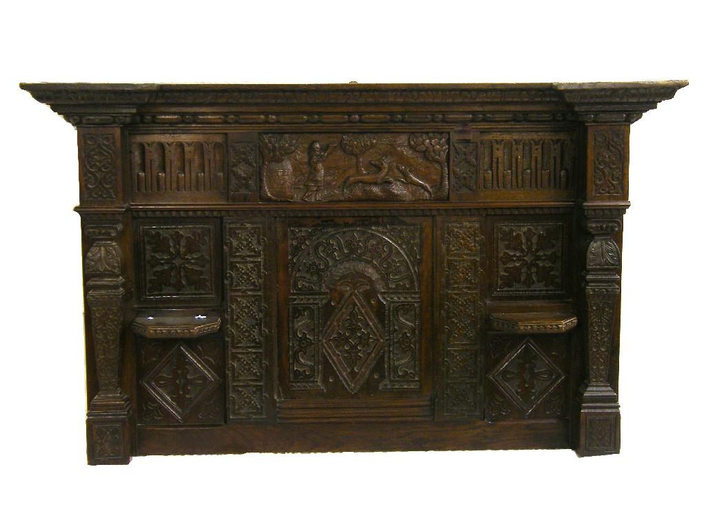 Appraisal: Interesting antique oak overmantel the egg and dart carved moulded