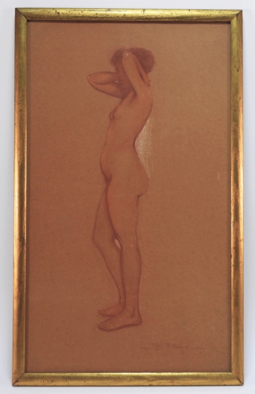 Appraisal: FEMALE STANDING POSING NUDE FIGURE SEPIA DRAWING Late th- Early