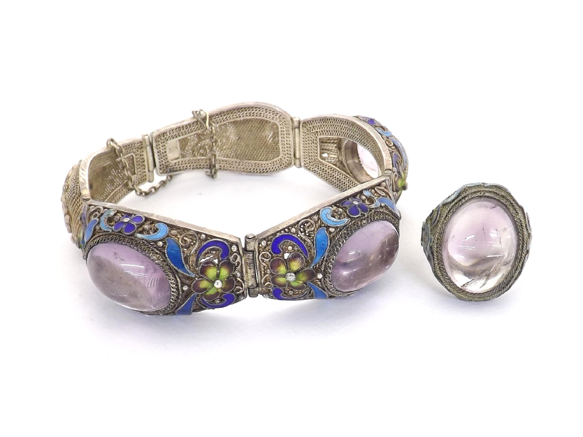 Appraisal: Chinese silver filigree enamel and rose quartz bracelet formed from