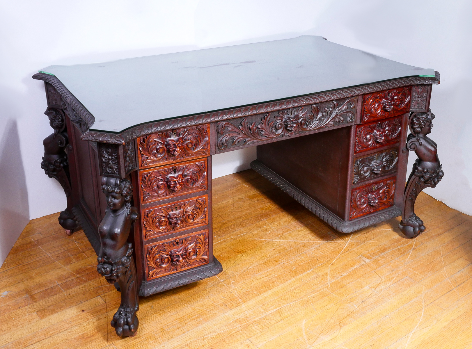 Appraisal: RJ HORNER CARVED MAHOGANY PARTNERS DESK Form fitting glass top