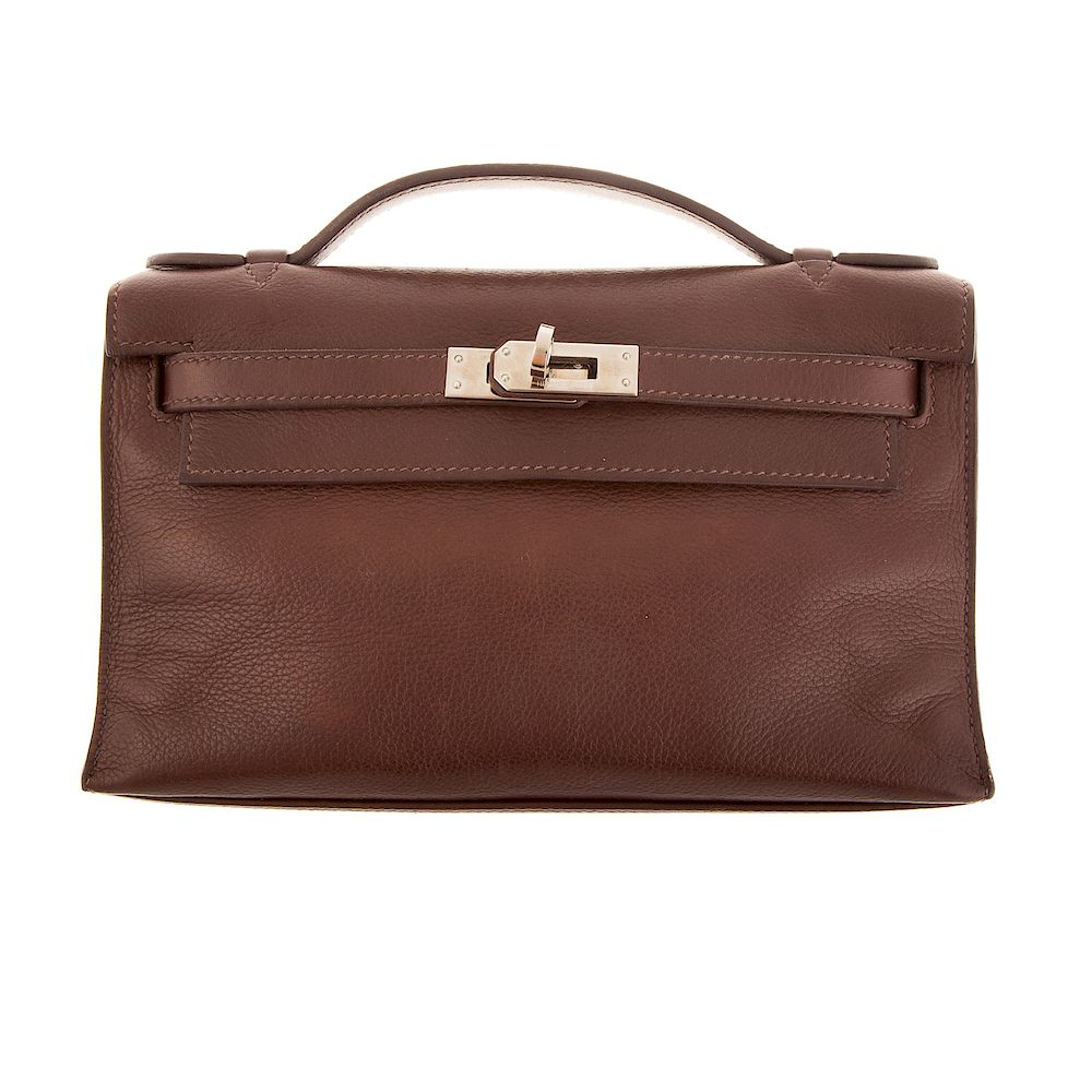 Appraisal: A Hermes Evergrain Kelly Pochette Chocolate Evergrain leather Hermes Kelly