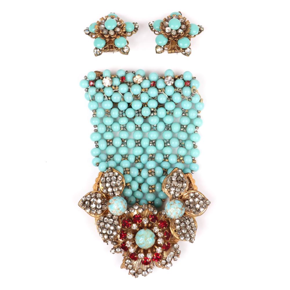 Appraisal: MIRIAM HASKELL PC WOVEN TURQUOISE BEAD BROOCH WITH PAVE FLORAL