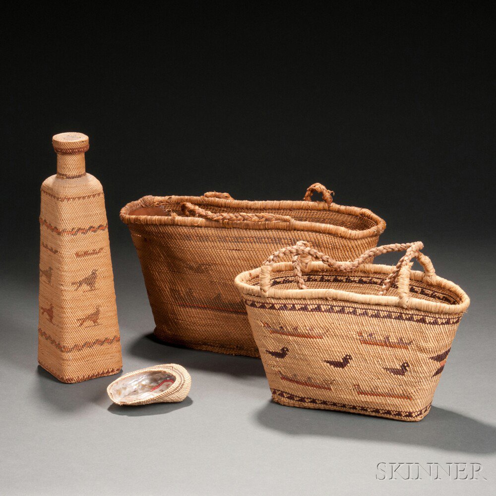 Appraisal: Four Makah Twined Basketry Items a basketry-covered bottle two handbags