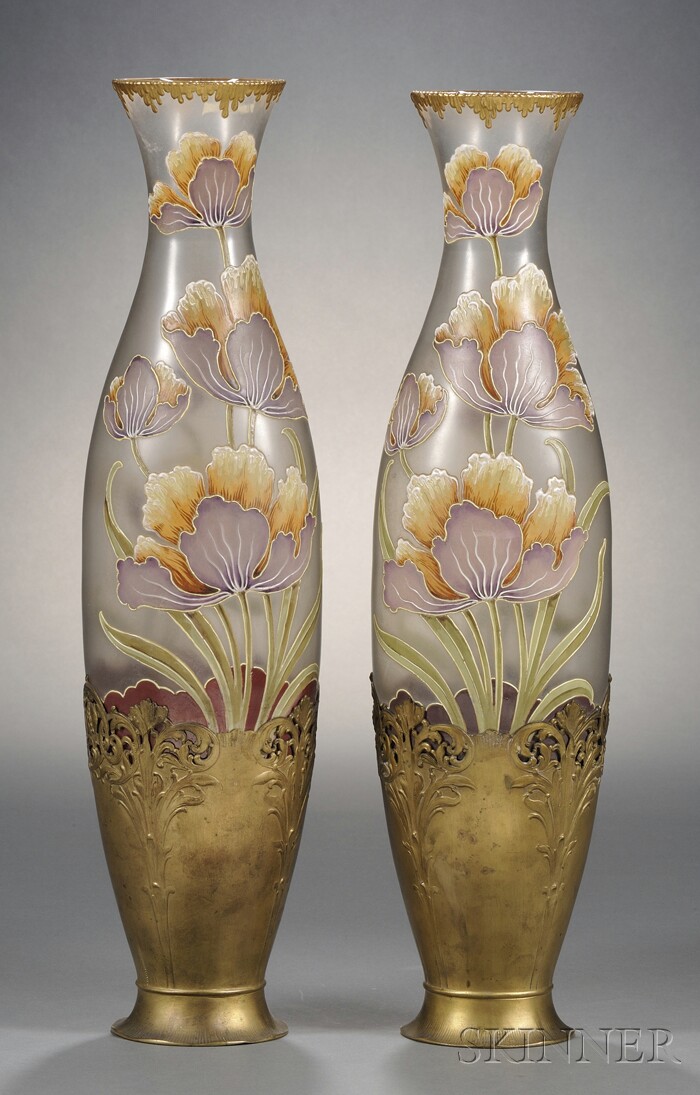 Appraisal: Pair of Gilt-metal mounted Floral Enameled Glass Vases Hand-painted glass