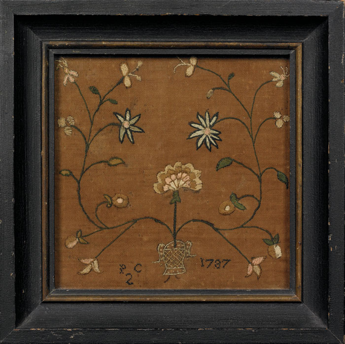 Appraisal: NEW JERSEY CREWEL WORK EMBROIDERED FLORAL SPRAY DATED BY PATIENCE