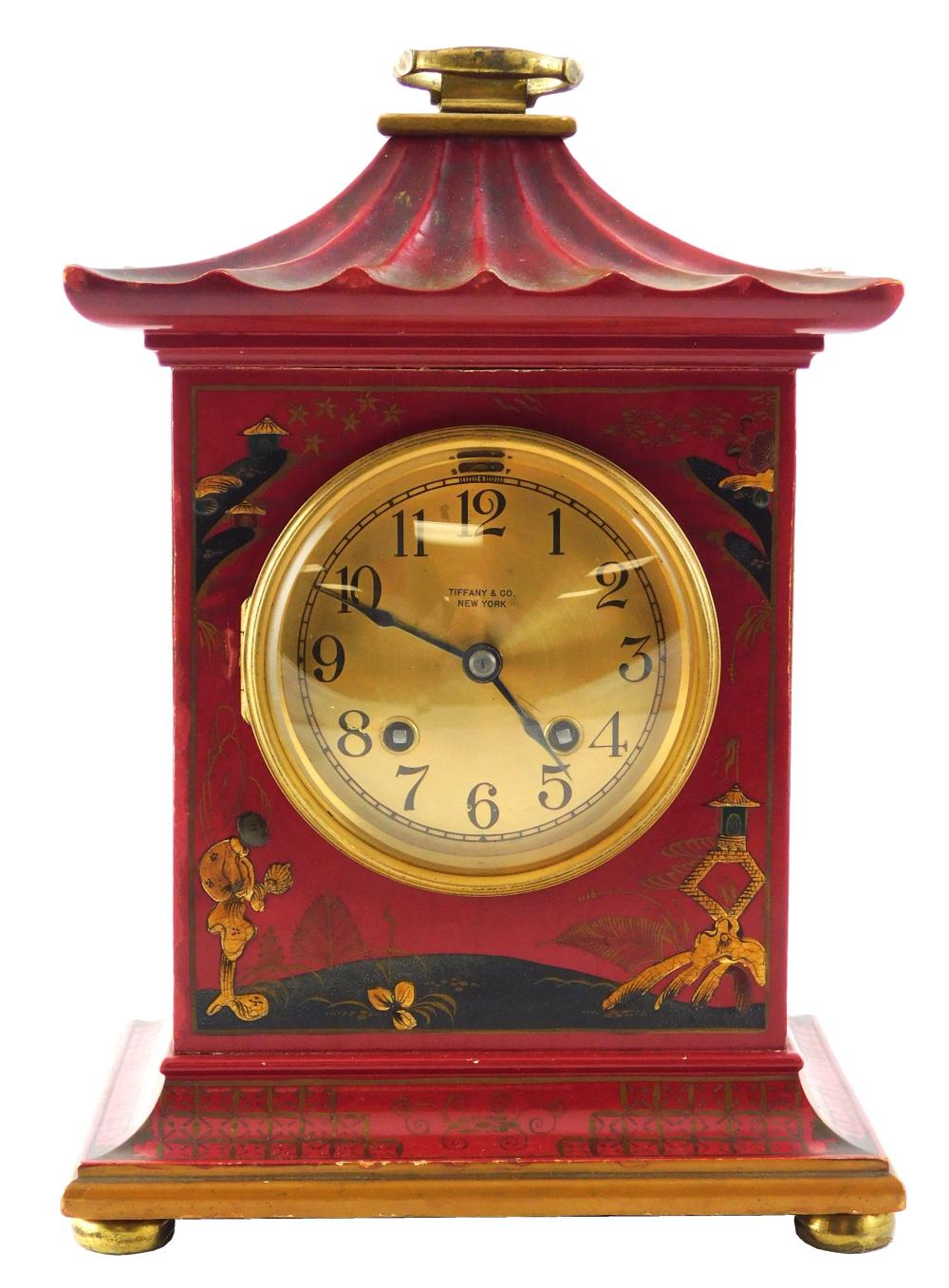 Appraisal: CLOCK TIFFANY CO PAGODA MANTEL CLOCK CARVED WOODEN CASE WITH