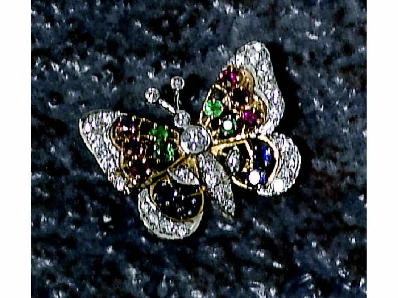 Appraisal: BUTTERFLY GEMSTONE PIN Yellow gold set with round diamonds rubies