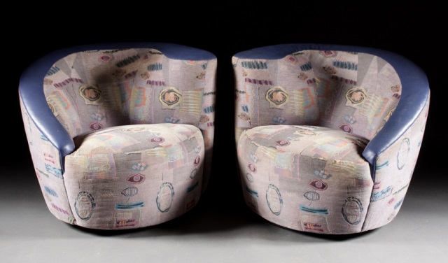 Appraisal: Pair of contemporary swivel armchairs purple leather and printed fabric