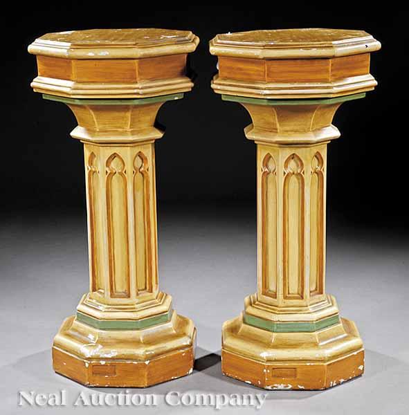 Appraisal: A Pair of Gothic-Style Painted Ceramic Pedestals labeled Bernardine Statuary