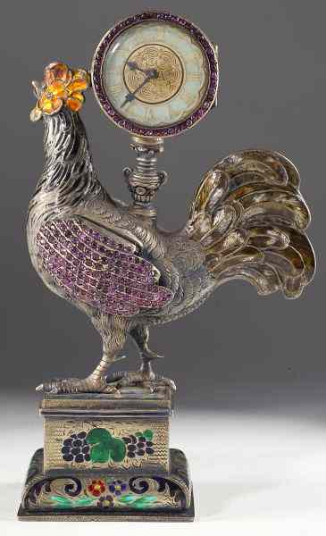 Appraisal: Jeweled and Enameled Silver Rooster ClockContinental th century a drum