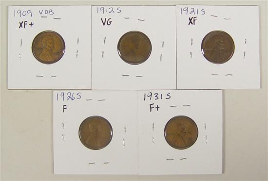 Appraisal: Five Scarce Dates in Lincoln Cents Series -VDB XF -S