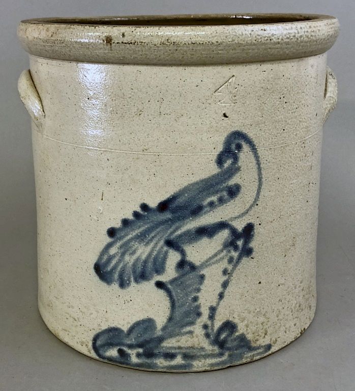 Appraisal: Four Gallon Stoneware Crock with Bird Decoration Four gallon stoneware