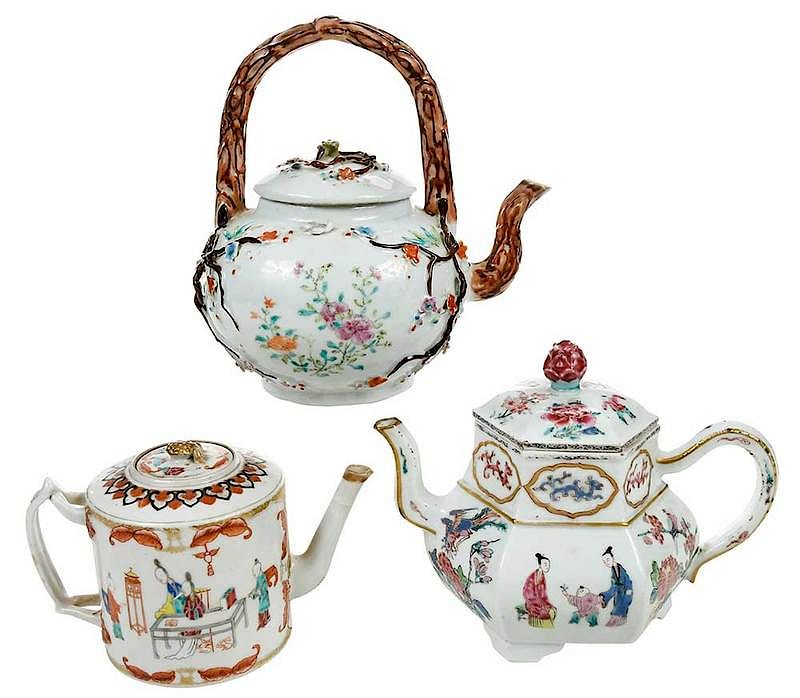 Appraisal: Three Famille Rose Porcelain Teapots Chinese th century six paneled