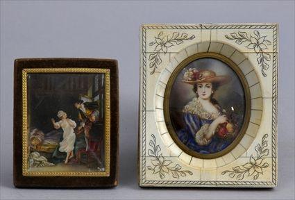 Appraisal: TWO MINIATURE PICTURES The one an oval portrait of an