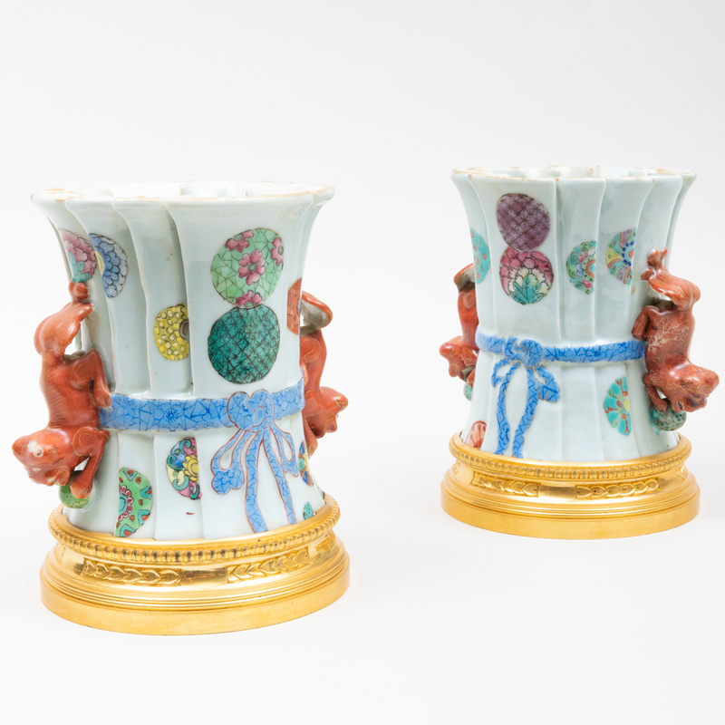 Appraisal: PAIR OF CHINESE GILT-METAL-MOUNTED CELADON GROUND PORCELAIN VASES x in