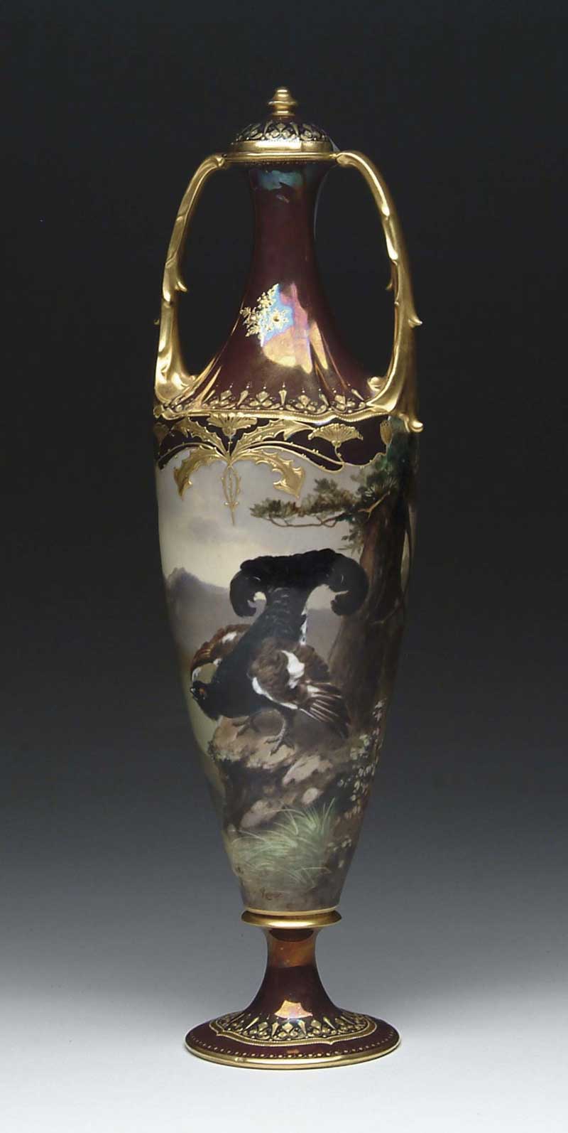 Appraisal: MAGNIFICENT TALL VICTORIAN COVERED VASE Depicting lovely large painted grouse