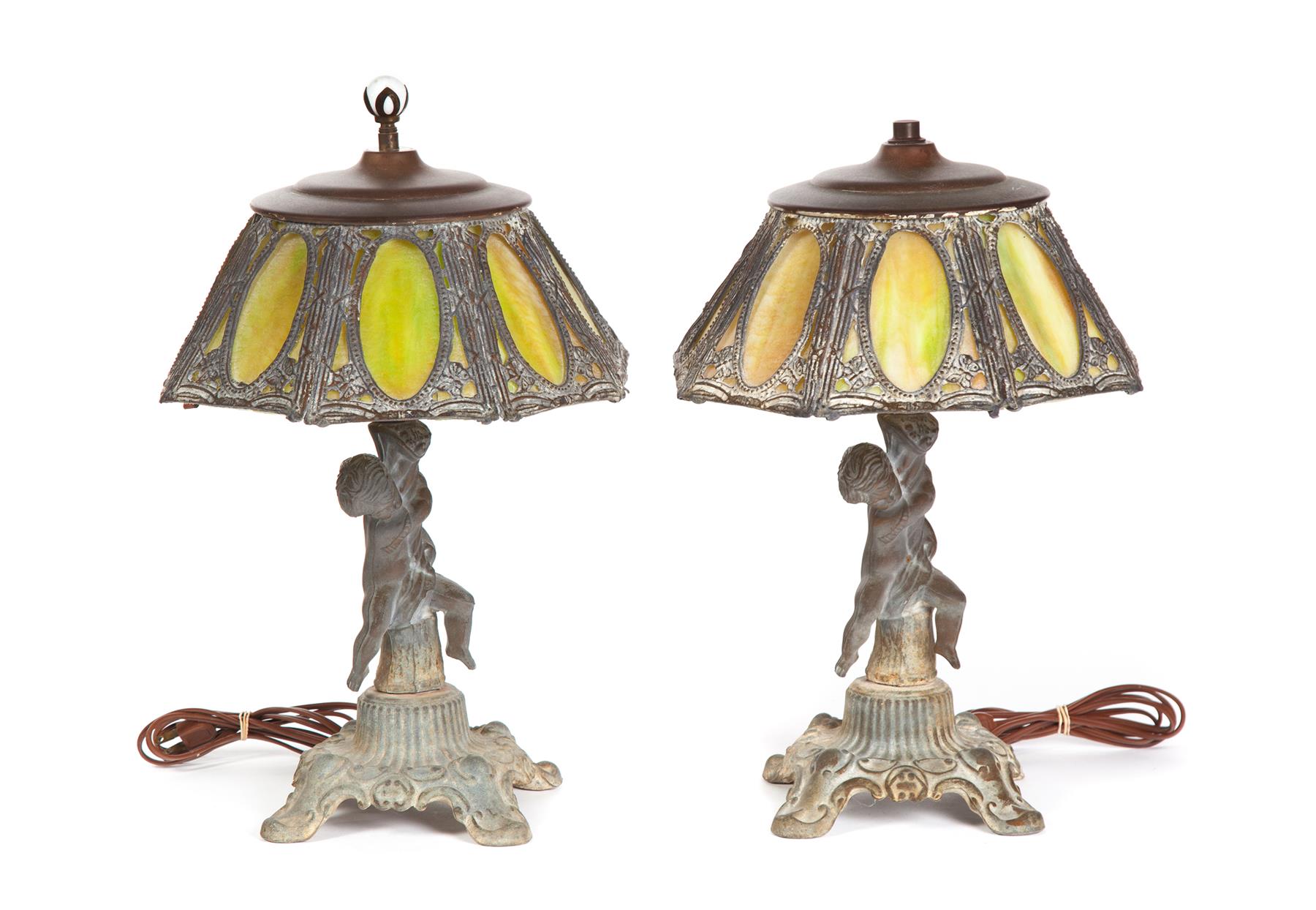 Appraisal: PAIR OF BOUDOIR LAMPS WITH PANELED SLAG SHADES American st