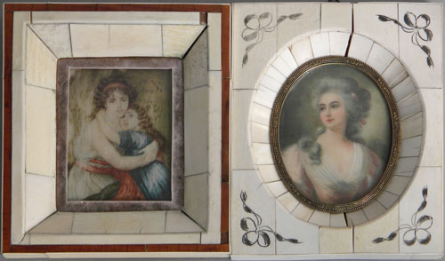 Appraisal: Two miniature portraits with ivory frames late th c x