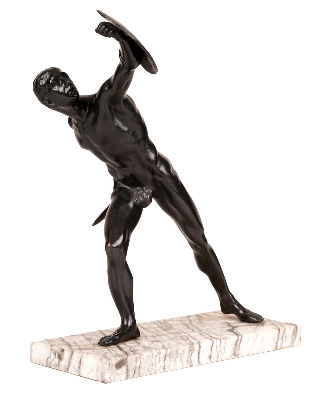 Appraisal: BRONZE FIGURE OF THE BORGHESE GLADIATORmounted on marble plinth Provenance