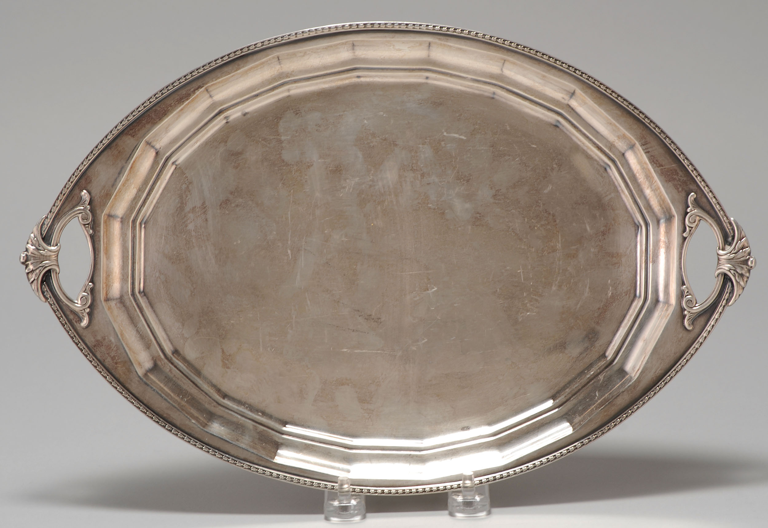 Appraisal: DUTCH SILVER TWO-HANDLED TRAY In oval form with applied bellflower